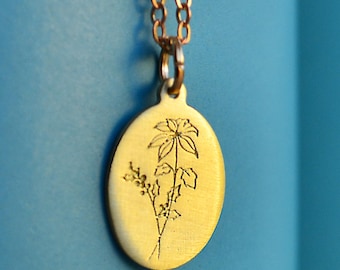 Birth Flower Necklace, Personalized December Month Birthday Gift, Holly Poinsettia Oval Charm, Floral Pendant, Sister Bridesmaid Wedding