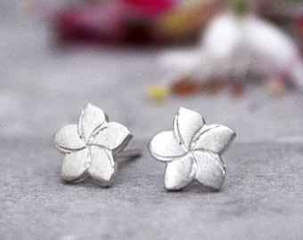 Sterling Silver Plumeria Stud Earrings - Hawaiian Frangipani Jewelry