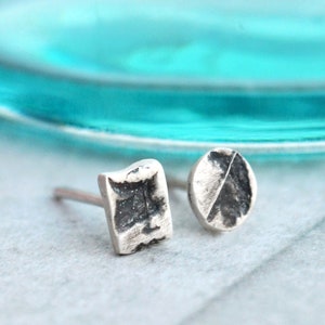 Sterling Silver Earrings, Mismatched Rectangle Circle Wrinkled Earring, Unique Minimalist Geometric Studs, Modernist Distressed Oval Round