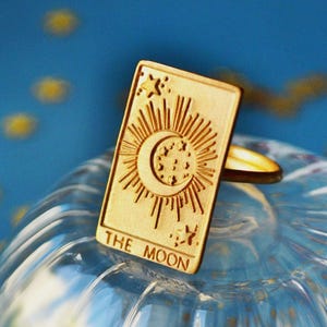 The Moon Tarot Ring, Handmade Gold Celestial Band with Stars, Crescent Half Moon Cosmic Jewelry, Unique Magical Statement Personalized Gift