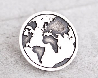 Handmade Silver World Map Pin , Travel Jewelry , Travelers Gift ,Badge Lapel Wanderlust Accessories , Present for Daughter ,Globetrotter Men