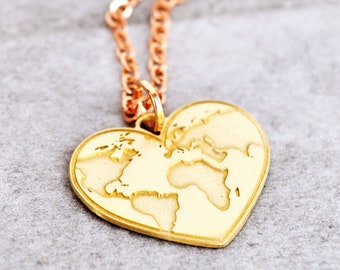 World Map Necklace, Globe Necklace ,Travel Necklace ,World Necklace, Heart Necklace, Travel Gift, Heart Charm, Christmas Girlfriend