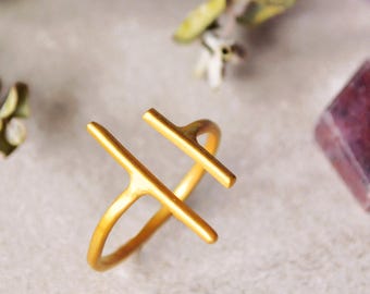 Double Bar Parallel Ring, Gold Two Open Lines Dainty Ring, Handmade Minimalist Geometric Thin Delicate Band, Best Friend Jewelry Gift Her
