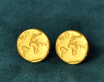 Dainty Handmade Gold World Map Earrings , Minimalist Everyday Simple Post Studs , Travel Gift for Women , Unique Globe Jewelry for Travelers