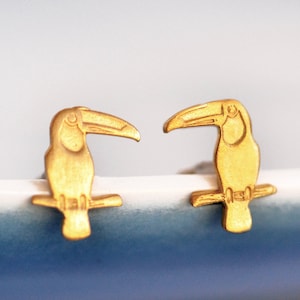 Gold Toucan Earrings, Handmade Tropical Bird Studs in Sterling Silver, Cute Gift for Kids, Daughter, Sister, or Bird Lovers, Minimal Present