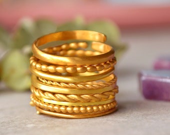 Thin Minimal Stacking Rings, Set of 5 Cute Wire Rings, Braided Twist Multi Ring Pack, Gold Adjustable Minimalist Everyday Simple Ring Her