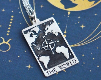 Silver World Map Tarot Card Necklace, Wanderlust Mystical Jewelry, Meaningful Spiritual Travel Buddy Gift, Personalized Traveler Medallion