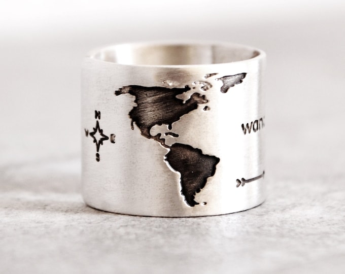 Bague de voyage en argent faite main, bague carte du monde unique, cadeau pour voyageur globe-trotter jet-set, cadeau délicat pour fille, bijoux Wanderlust