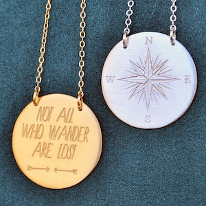 Not All Who Wander Are Lost Compass Necklace, Gold Personalized Message Pendant, Unique Wanderlust Jewelry Gift for Her Travelers
