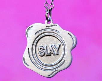 Slay Necklace, Funny Handmade Sublimation Bold Pendant, Teen Girl Confidence Gift Cheeky Sassy Queen Meme Jewelry, Trendy Slang Successful