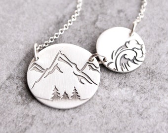 Mountain Waves Double Necklace, Oxidized Sterling Silver Pendant, Nature Lover Gift For Her, Hiking Sea Charm Present Hiker Jewellery Him