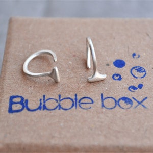 Tiny Silver Bar Open Huggie Hoop Earrings, Staple Earrings, Ear Hugger, Minimalist Line Stud, Perfect Birthday Present, Spiral Earring Her