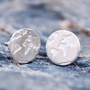 Dainty Handmade Silver World Map Earrings , Minimalist Everyday Simple Studs , Travel Gift for Women , Unique Globe Jewelry for Travelers image 1