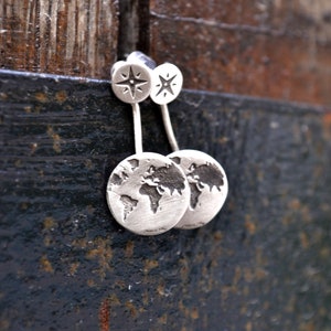 Modern Handmade Silver Ear Jackets, Unique World Map Earrings, Gift Idea for Jetsetter Wayfarer Traveler, Present Daughter Sister Girlfriend