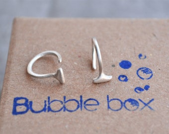 Tiny Silver Bar Open Huggie Hoop Earrings, Staple Earrings, Ear Hugger, Minimalist Line Stud, Perfect Birthday Present, Spiral Earring Her