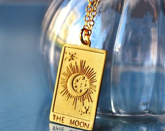 Celestial Gold Tarot Card Moon Necklace, Handmade Lunar Charm, Crescent Half Moon Pendant, Affordable Jewellery Gift Her, Christmas Present