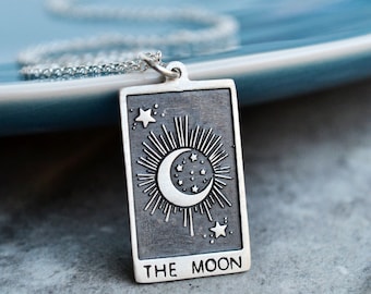 Moon Tarot Card Necklace - Silver Starry Crescent Pendant, Celestial Night Goddess Charm, Mystery Lunar Gift For Mom Her