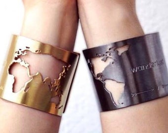 World Map Cuff, Travel Bracelet, Globe Bracelet, Traveler Gift Tall Cuff, Wanderlust Jewelry, Globetrotter Cuff, Women Jewelry Gift Present