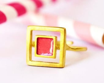 Gouden vierkante emaille ring, kleurrijke geometrische minimale sieraden, statement kleur alledaagse band, eenvoudig handgemaakt cadeau, kubus zegel voor vrouwen