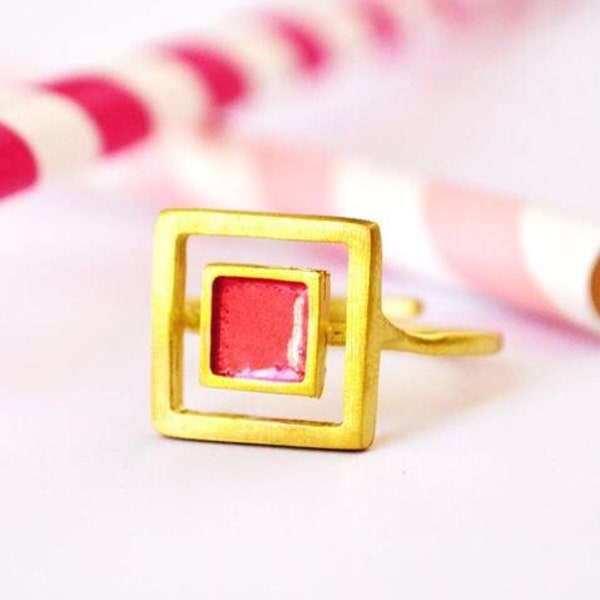 Gold Square Enamel Ring, Colorful Geometric Minimal Jewelry, Statement Color Everyday Band, Simple Handmade Gift, Cube Signet For Women