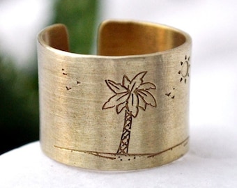 Handmade Palm Tree Ring, Tropical Gift for Her, Hawaiian Beach Jewelry, Women's Adjustable Ring, Surfer Girl Inspirational Present