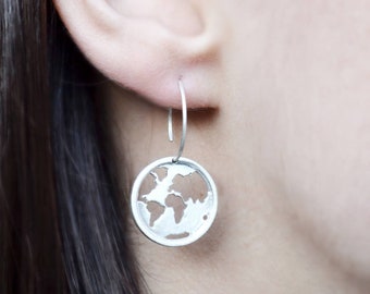 Unique Handmade World Map Hook Earrings, Perfect Present for Travelers , Handcrafted Travel Buddy Gift , Silver Jewelry for Women , For Her