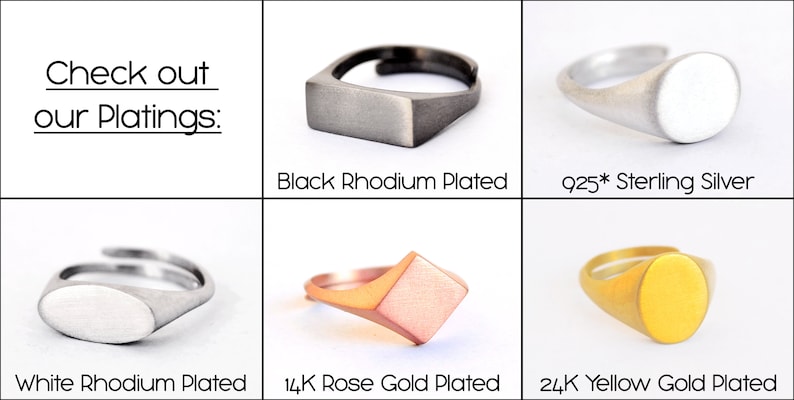 Puede incluir: Seis estilos de anillos diferentes en varios plateados, incluyendo rodio negro, rodio blanco, plata de ley, oro rosa de 14 quilates y oro amarillo de 24 quilates. El texto "Check out our Platings:" est&aacute; en la parte superior de la imagen.