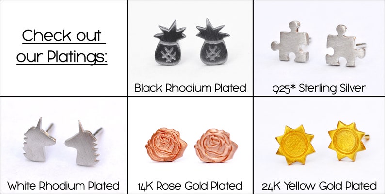 May include: Six pairs of earrings in different plating styles: black rhodium, sterling silver, white rhodium, rose gold, and yellow gold. The earrings feature various designs, including a money bag, puzzle piece, unicorn, rose, and sun.