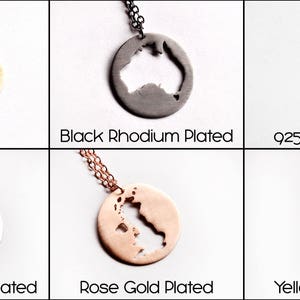 May include: Six necklaces with different metal finishes, each featuring a pendant shaped like the outline of Italy. The finishes include brass, black rhodium plated, sterling silver, white rhodium plated, rose gold plated, and yellow gold plated.