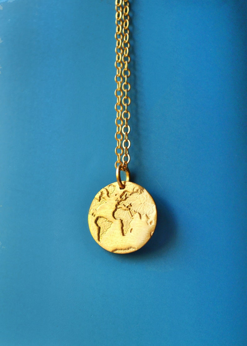 Unique Gold World Map Necklace, Dainty Chain Travel Pendant, Minimalist Wanderlust Jewelry Women, Gift for Traveler Jetsetter Wayfarer Her image 1