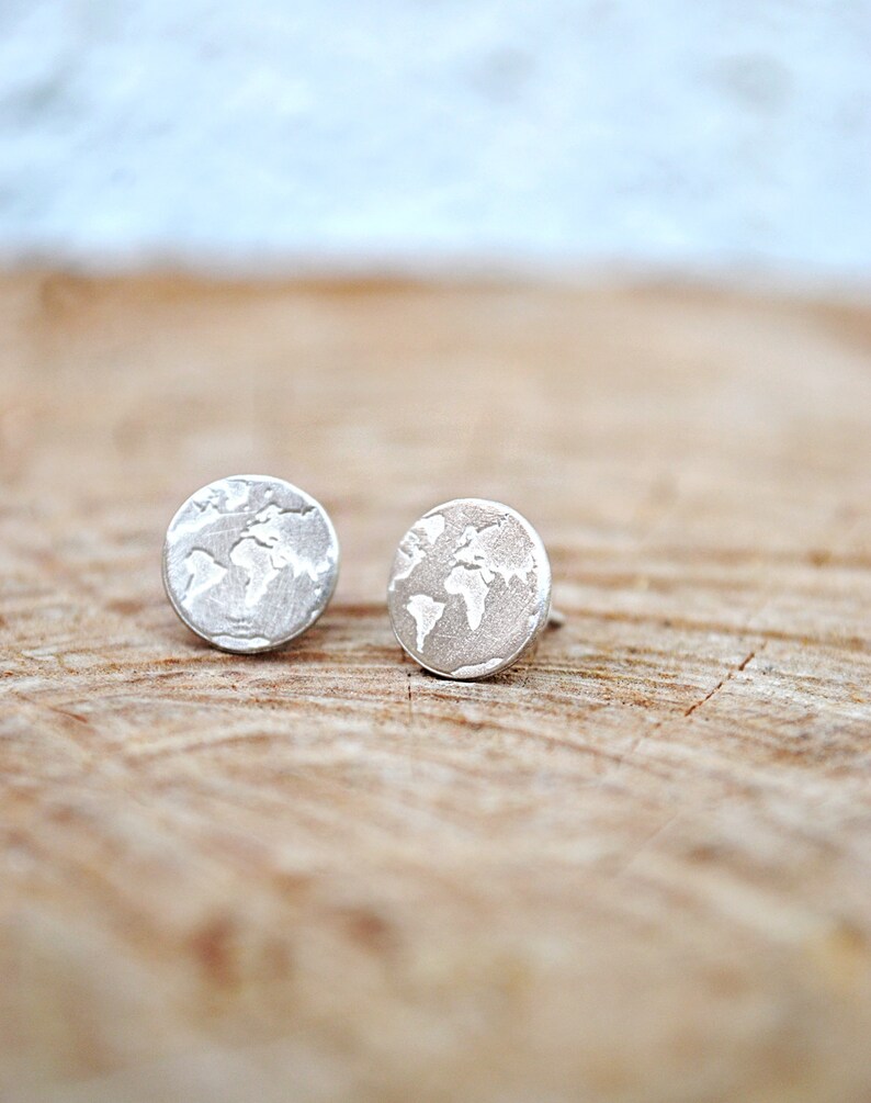 Dainty Handmade Silver World Map Earrings , Minimalist Everyday Simple Studs , Travel Gift for Women , Unique Globe Jewelry for Travelers image 8