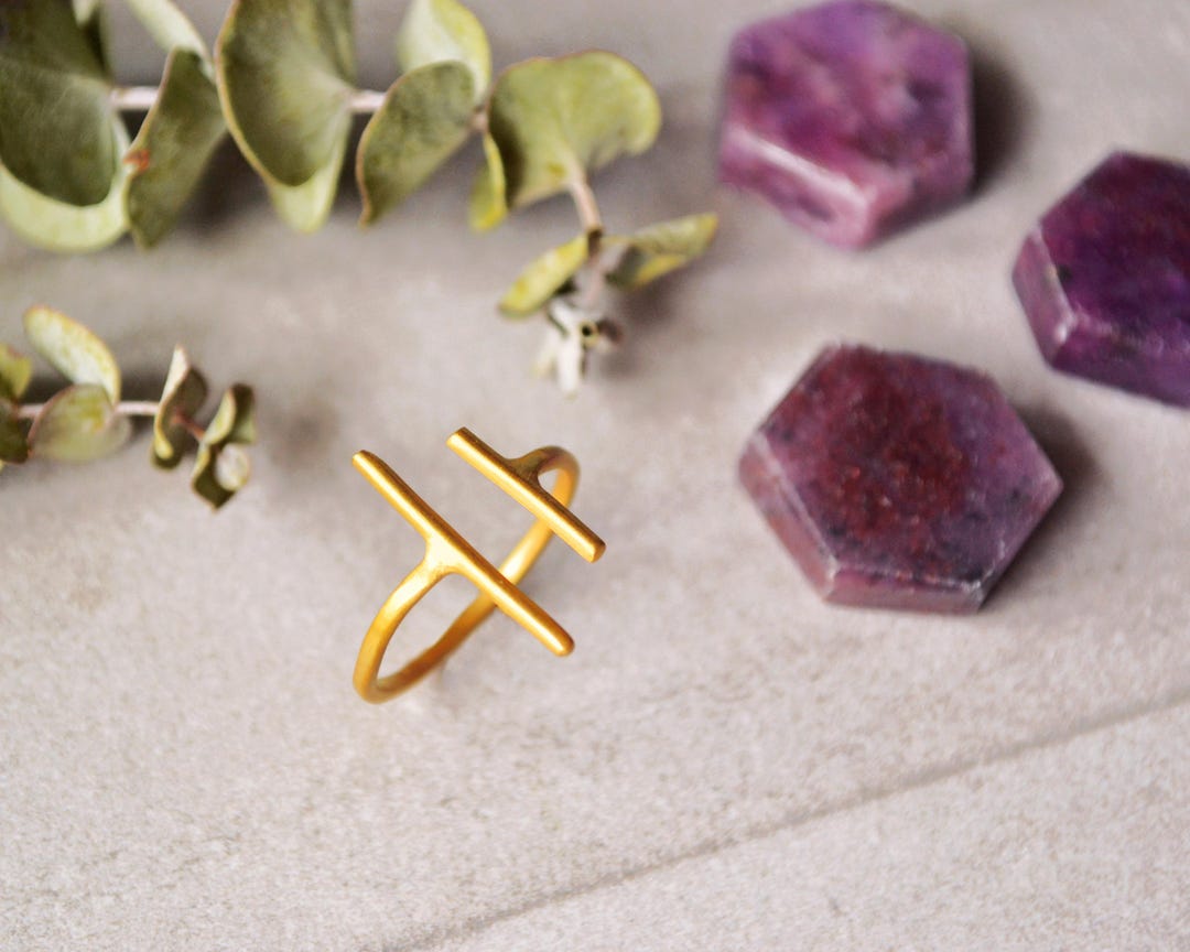 Double Bar Parallel Ring, Gold Two Open Lines Dainty Ring, Handmade ...