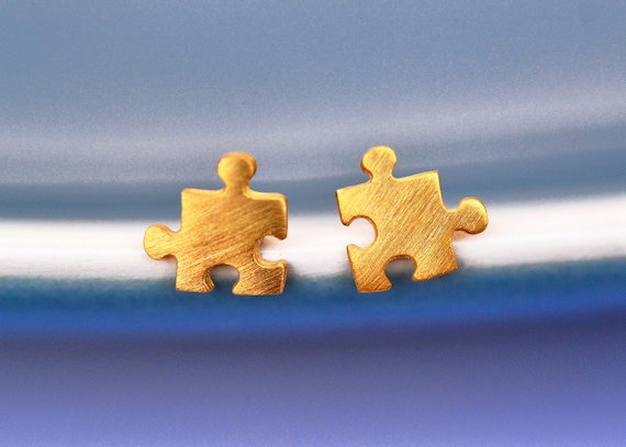 Meaningful Gold Puzzle Earrings, Minimal Everyday Wear Symbolic Stud, Sterling Silver Matching Puzzle Piece Gift For Her Friend Daughter Mum