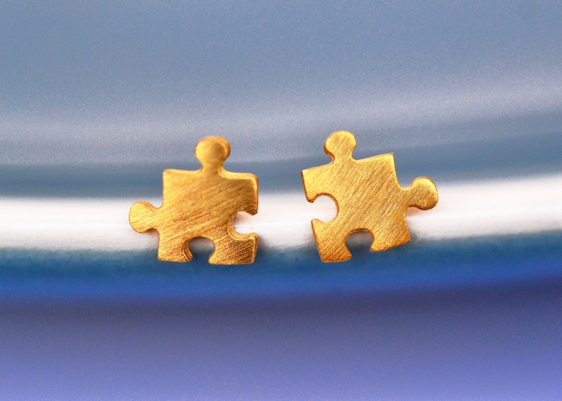 Meaningful Gold Puzzle Earrings, Minimal Everyday Wear Symbolic Stud, Sterling Silver Matching Puzzle Piece Gift For Her Friend Daughter Mum image 1