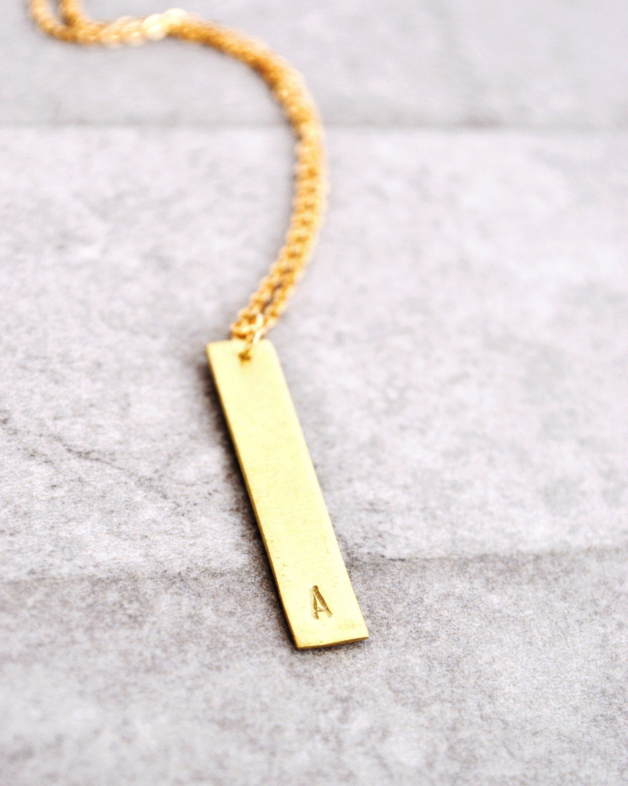 Handmade Bar Name Necklace, Custom Initial Engraved Tag Pendant, Handstamped Vertical Nameplate, Personalized Memorial Keepsake Mom Gift Her