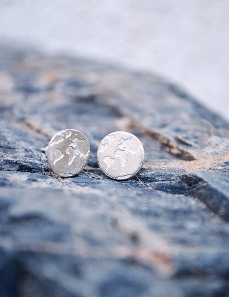 Dainty Handmade Silver World Map Earrings , Minimalist Everyday Simple Studs , Travel Gift for Women , Unique Globe Jewelry for Travelers image 1