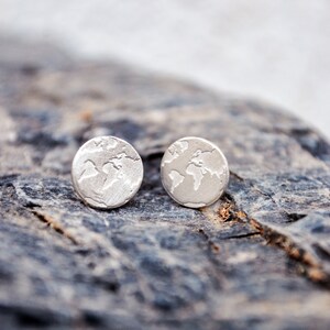 Dainty Handmade Silver World Map Earrings , Minimalist Everyday Simple Studs , Travel Gift for Women , Unique Globe Jewelry for Travelers image 6