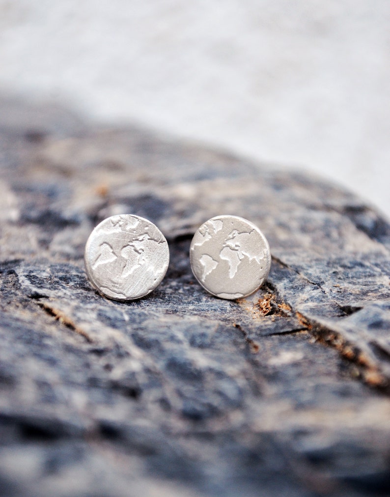 Dainty Handmade Silver World Map Earrings , Minimalist Everyday Simple Studs , Travel Gift for Women , Unique Globe Jewelry for Travelers image 6