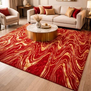Modern Red Gold Abstract Rug, Luxury Designer Area Rug, Hand Tufted Carpet, Contemporary Wavy Pattern Rug, Living Room Statement Rug ,