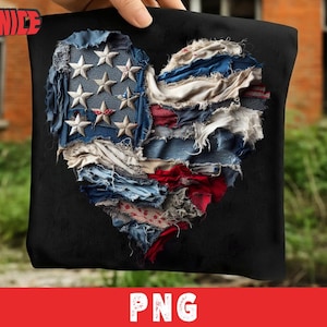 May include: Black square with a heart-shaped design. The heart is made of layered fabric in red, white, and blue, resembling the American flag. Silver stars are sewn onto the blue section. The word "PNG" is at the bottom.