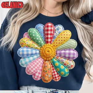 Faux Patchwork Daisy PNG, Quilt Spring Flower Design (Digital Download)