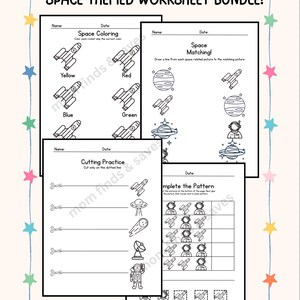 May include: A space themed worksheet bundle featuring four black and white activity pages with illustrations of rockets, planets, astronauts, and UFOs. The pages include tasks like space coloring, matching, cutting practice, and completing the pattern.