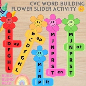 Può includere: Attività di costruzione di parole CVC con cursori colorati a forma di fiore su strisce verticali. Ogni striscia presenta lettere e una finestra scorrevole che mostra le desinenze delle parole come ug, ap, en, it e not. Include pastelli e un arcobaleno.