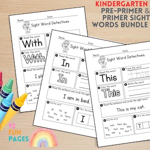 Könnte beinhalten: Ein Bündel schwarz-weißer Arbeitsblätter mit dem Titel Kindergarten Pre-Primer & Primer Sight Words Bundle. Jede Seite zeigt eine Detektivfigur sowie Lese-, Ausmal- und Schreibübungen für Wörter wie With, In und This für Kinder.
