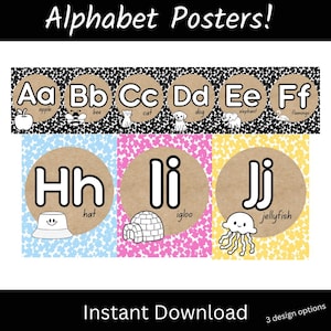 Può includere: Poster dell'alfabeto con le lettere dalla A alla J su sfondi circolari color marrone chiaro. La riga superiore ha un bordo a pois bianchi e neri, mentre quella inferiore presenta sfondi a pois blu, rosa e gialli con illustrazioni per ogni lettera.