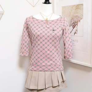 Vintage BURBERRY Blue Label Pink Plaid Mid Sleeve Boatneck Sweater, Japan Exclusive Hime Coquette Lightweight Knit Top, Women's Size Small