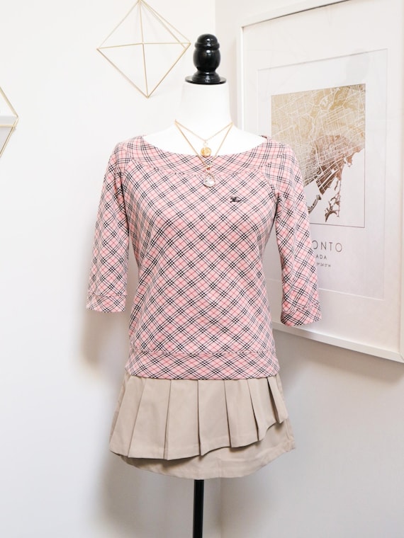 Burberry Blue Label, Vintage BURBERRY Blue Label Pink Plaid Mid Sleeve Boatneck Sweater, Japan Exclusive Hime Coquette Lightweight Knit Top, Women's Size Small