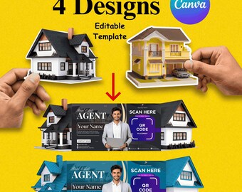 4 Realtor Business Card Template Bundle | Real Estate Card | Die Cut Folded House Shape | Editable Canva Prntable Digital Download | QR Code