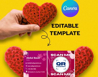 Heart Shape Floral Folded Business Card Template | Pop Up Die Cut Card | Canva Editable QR Code Visiting Card | Printable Digital Download