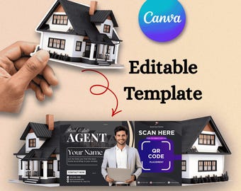 Plantilla de tarjeta de presentación para agente inmobiliario / Tarjeta con código QR editable en Canva / Tarjeta inmobiliaria plegable troquelada / Imagen de marca del agente / Descarga digital imprimible